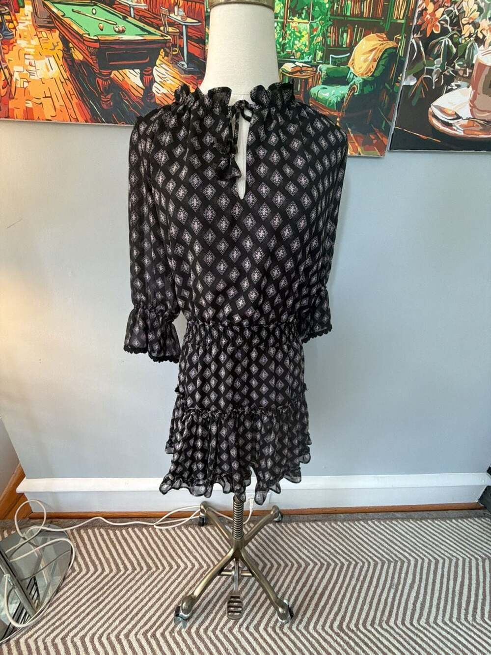 MISA Los Angeles Black and Pink Patterned Chiffon Ruffle Mini Dress size M